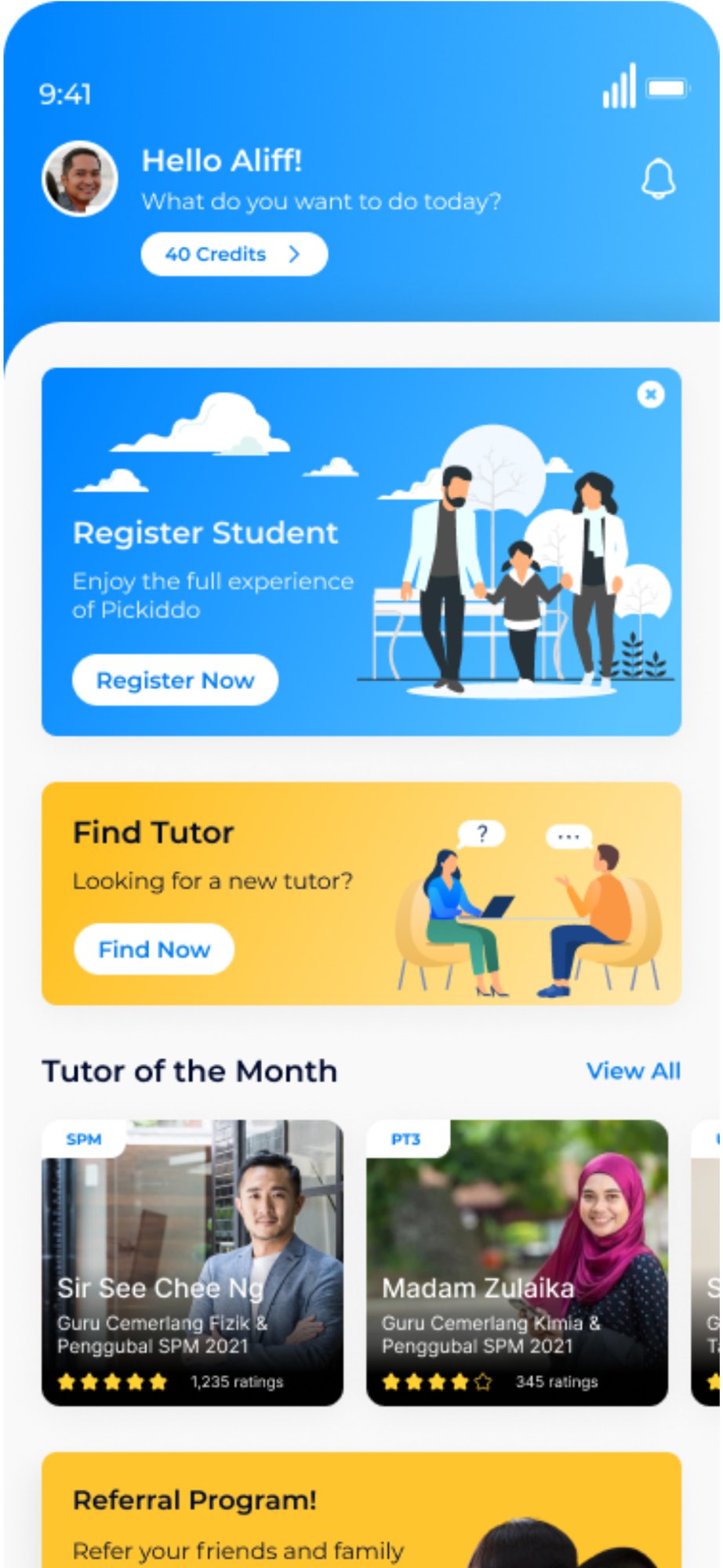 Skrin utama aplikasi Pickiddo — daftar dan cari tutor tuisyen online Malaysia