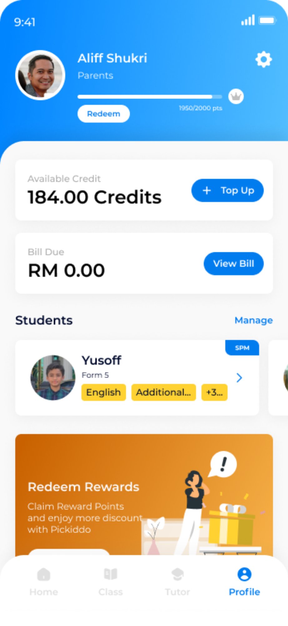 Profil pelajar dan kredit kelas dalam aplikasi Pickiddo